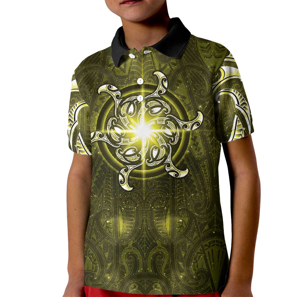 New Zealand Matariki Hiwaiterangi Kid Polo Shirt Maori Moko Yellow Galaxy