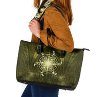 New Zealand Matariki Hiwaiterangi Leather Tote Bag Maori Moko Yellow Galaxy