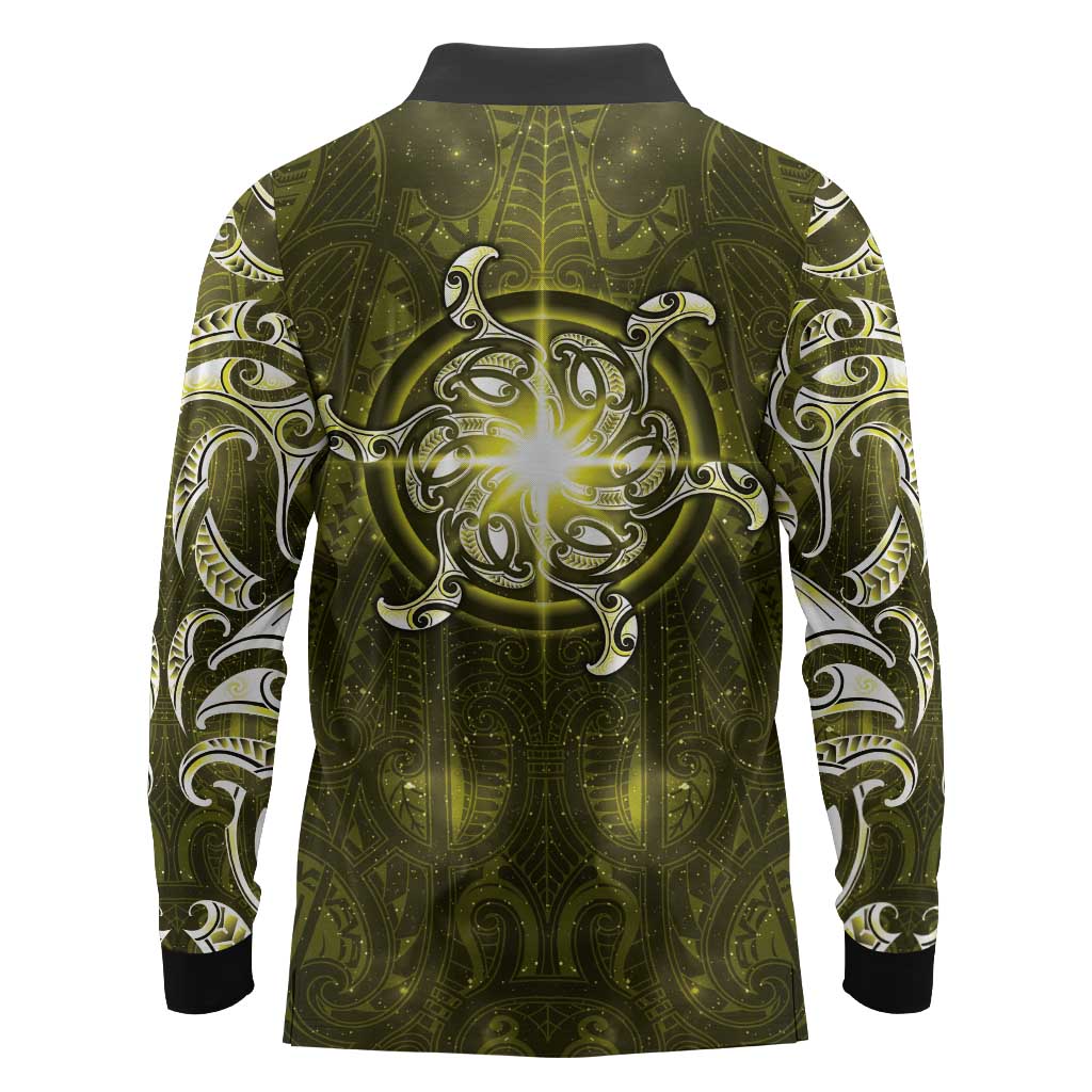 New Zealand Matariki Hiwaiterangi Long Sleeve Polo Shirt Maori Moko Yellow Galaxy