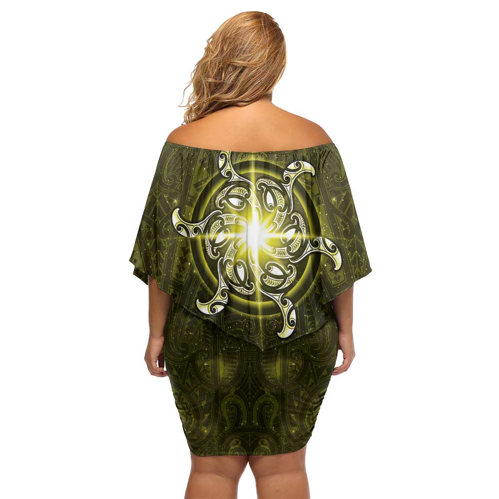 New Zealand Matariki Hiwaiterangi Off Shoulder Short Dress Maori Moko Yellow Galaxy