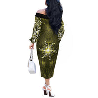 New Zealand Matariki Hiwaiterangi Off The Shoulder Long Sleeve Dress Maori Moko Yellow Galaxy