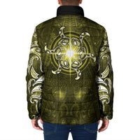 New Zealand Matariki Hiwaiterangi Padded Jacket Maori Moko Yellow Galaxy