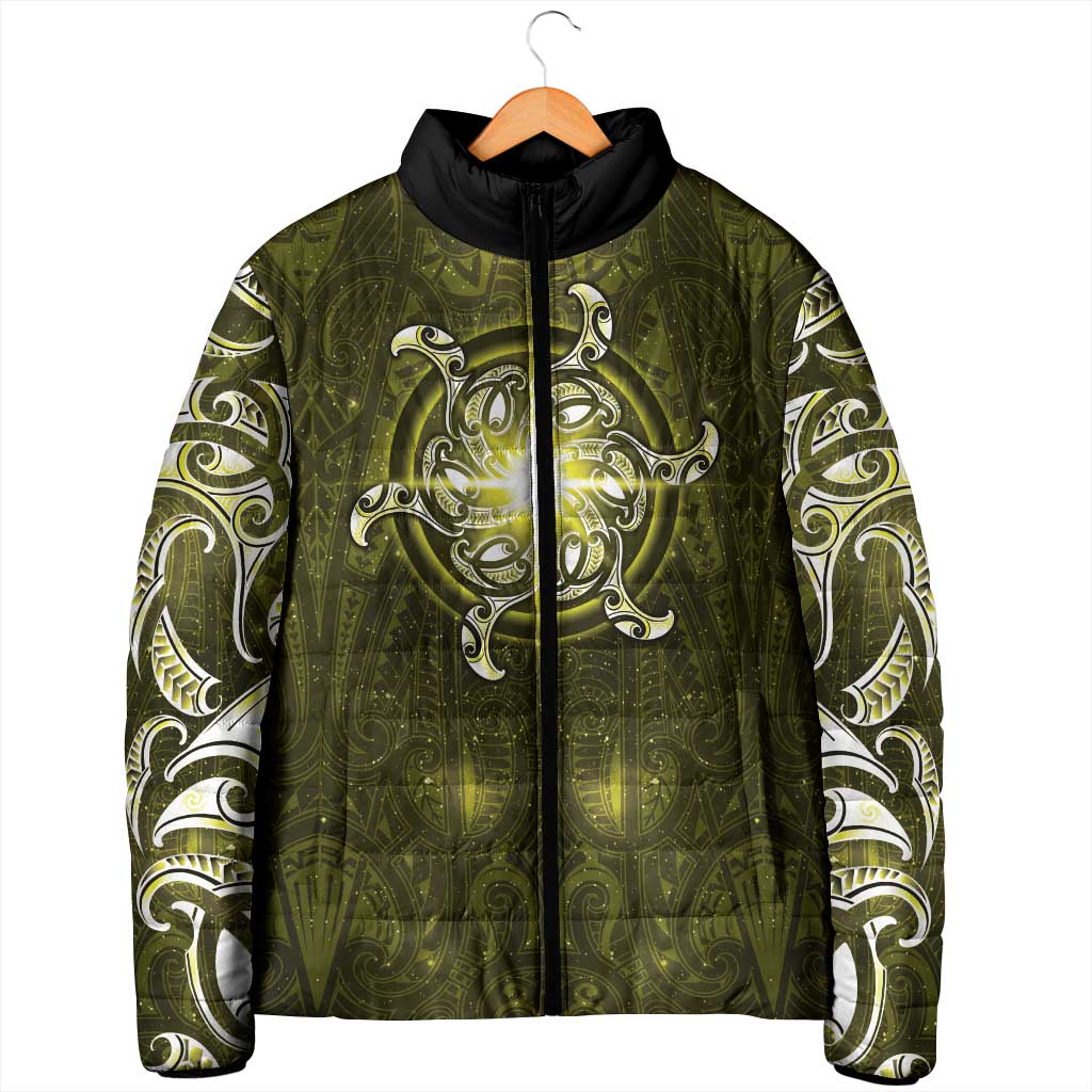 New Zealand Matariki Hiwaiterangi Padded Jacket Maori Moko Yellow Galaxy