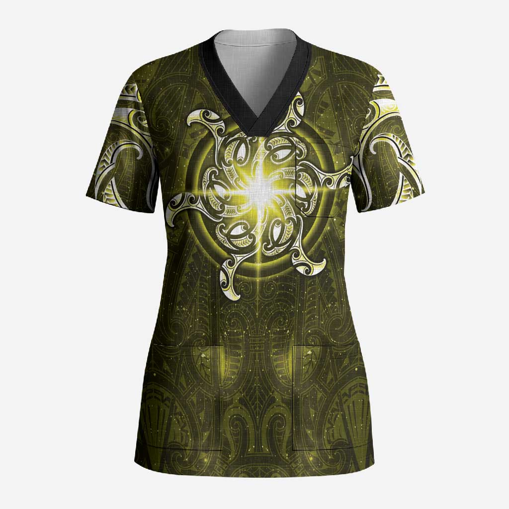 New Zealand Matariki Hiwaiterangi Scrub Top Maori Moko Yellow Galaxy