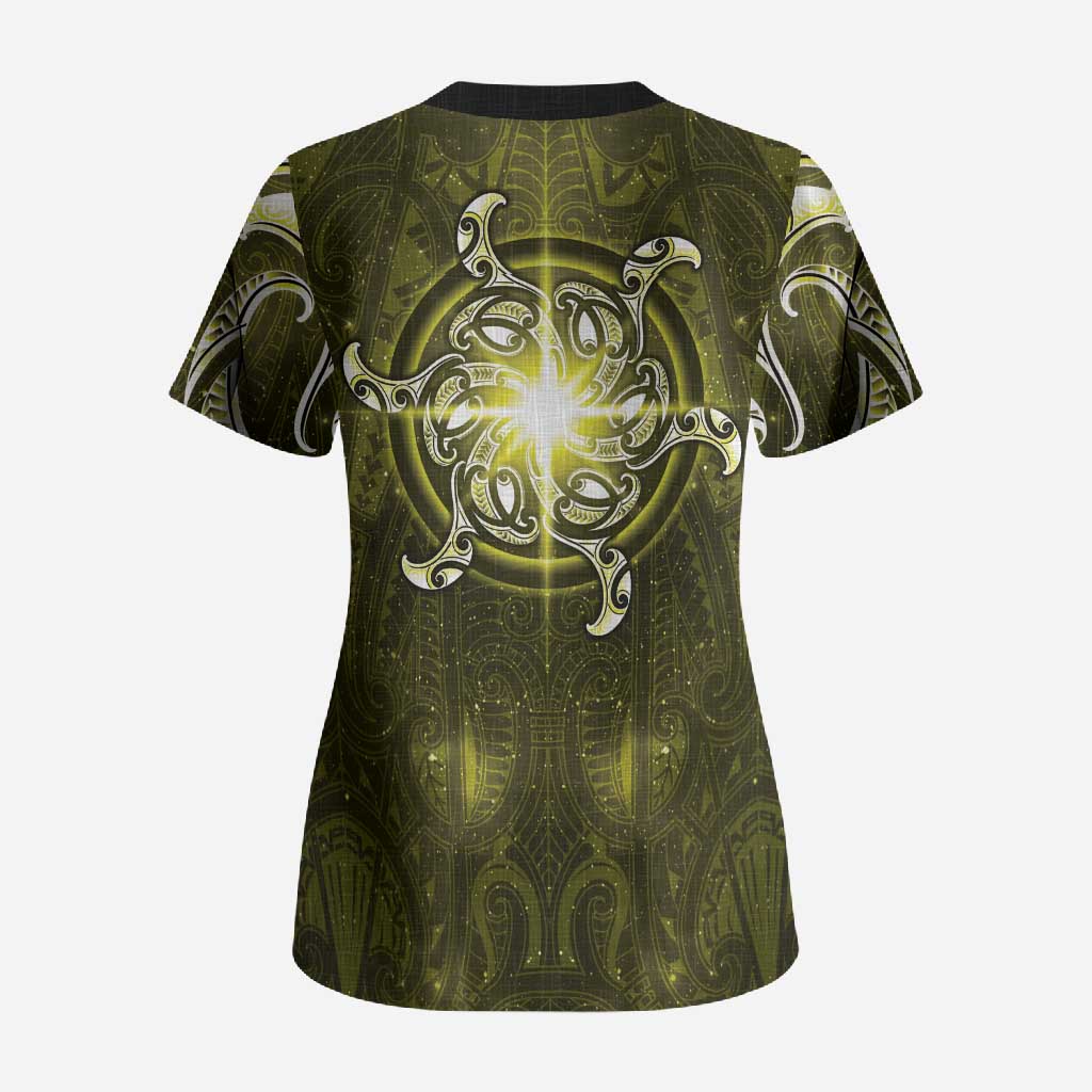 New Zealand Matariki Hiwaiterangi Scrub Top Maori Moko Yellow Galaxy