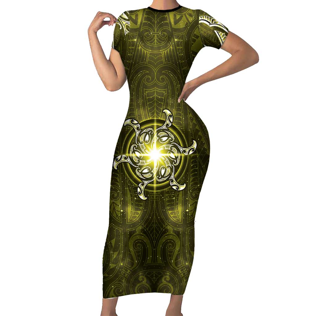 New Zealand Matariki Hiwaiterangi Short Sleeve Bodycon Dress Maori Moko Yellow Galaxy