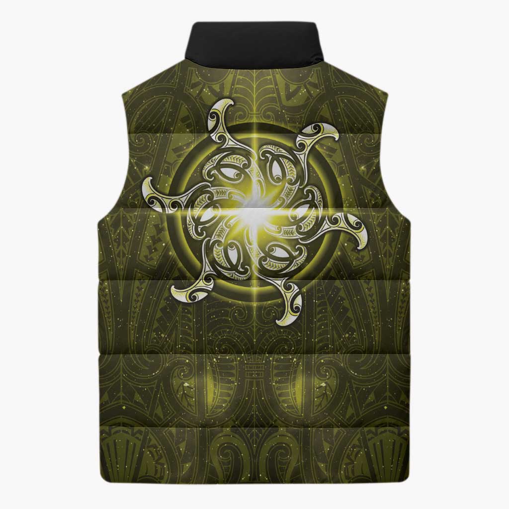 New Zealand Matariki Hiwaiterangi Sleeveless Puffer Jacket Maori Moko Yellow Galaxy