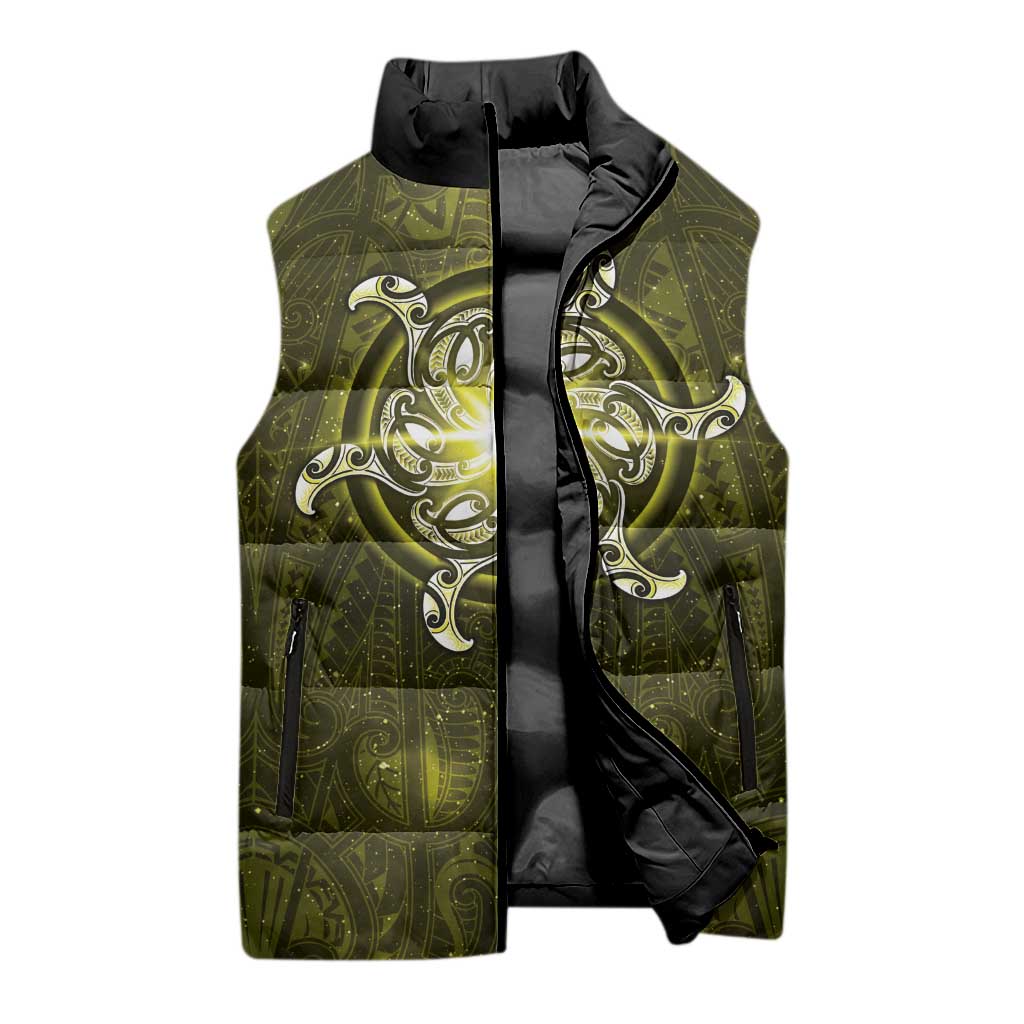 New Zealand Matariki Hiwaiterangi Sleeveless Puffer Jacket Maori Moko Yellow Galaxy