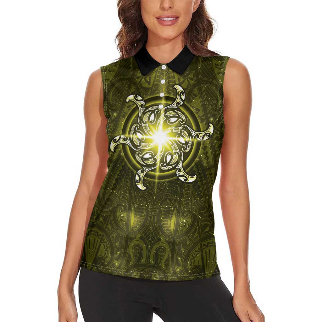New Zealand Matariki Hiwaiterangi Women Sleeveless Polo Shirt Maori Moko Yellow Galaxy