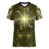 New Zealand Matariki Hiwaiterangi Women V-Neck T-Shirt Maori Moko Yellow Galaxy