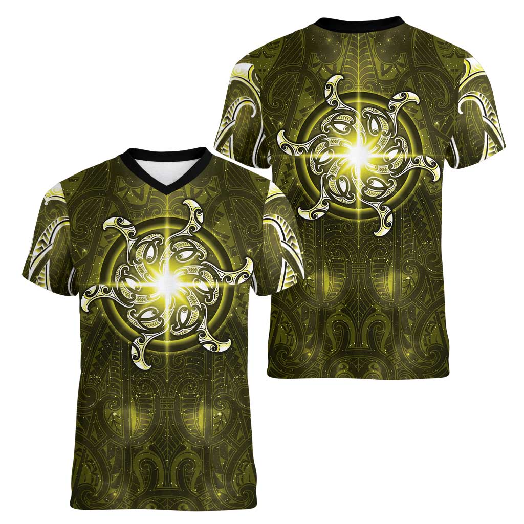 New Zealand Matariki Hiwaiterangi Women V-Neck T-Shirt Maori Moko Yellow Galaxy