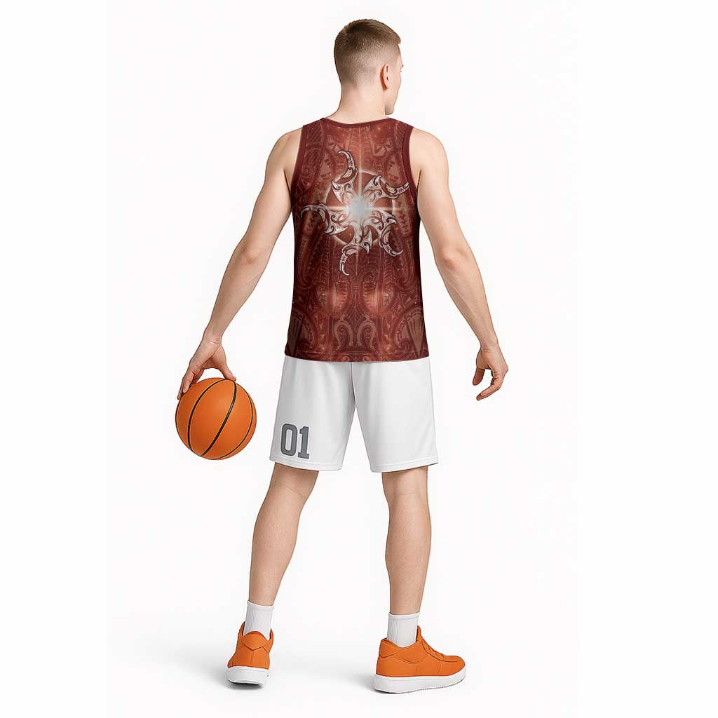 New Zealand Matariki Pohutukawa Basketball Jersey Maori Moko Red Galaxy