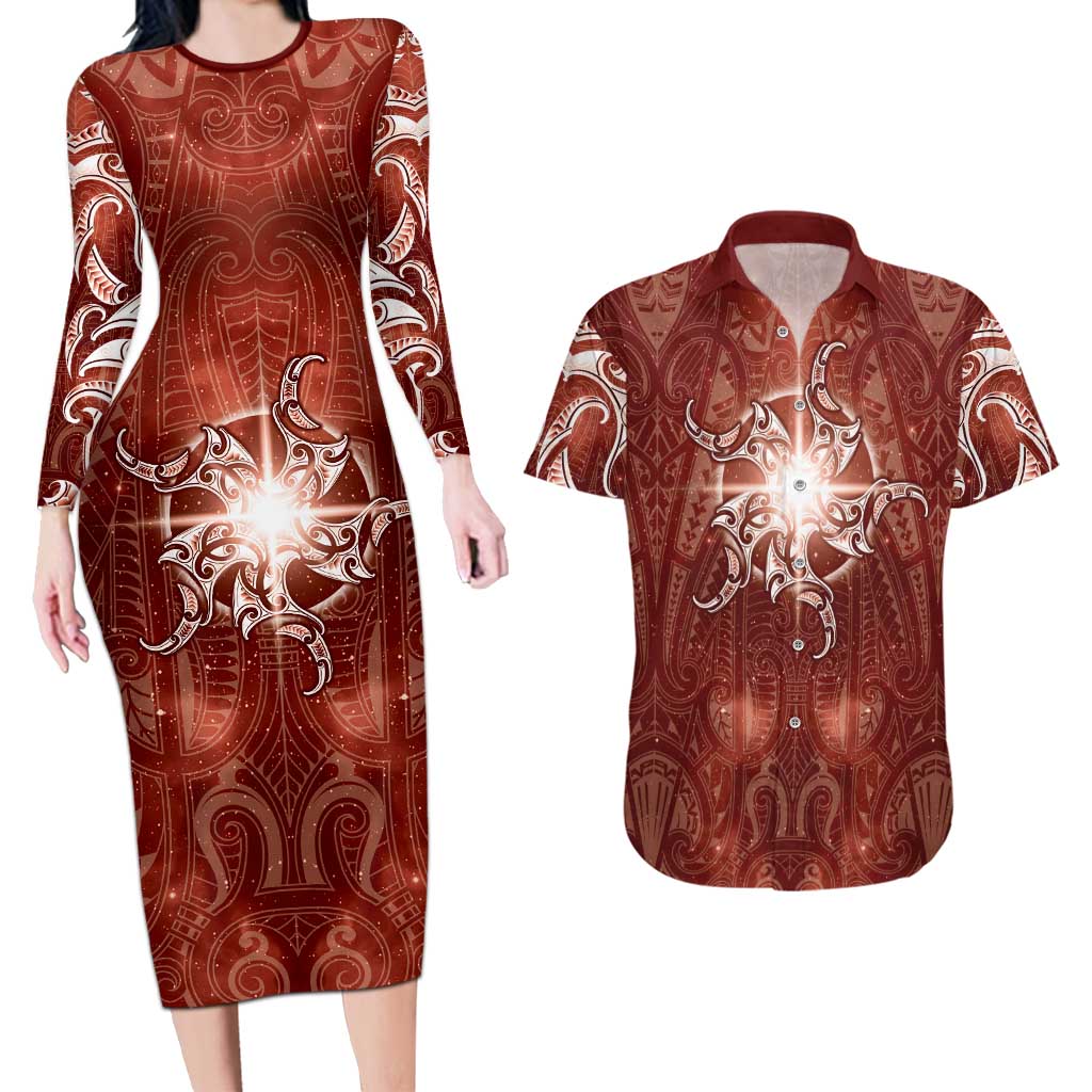New Zealand Matariki Pohutukawa Couples Matching Long Sleeve Bodycon Dress and Hawaiian Shirt Maori Moko Red Galaxy