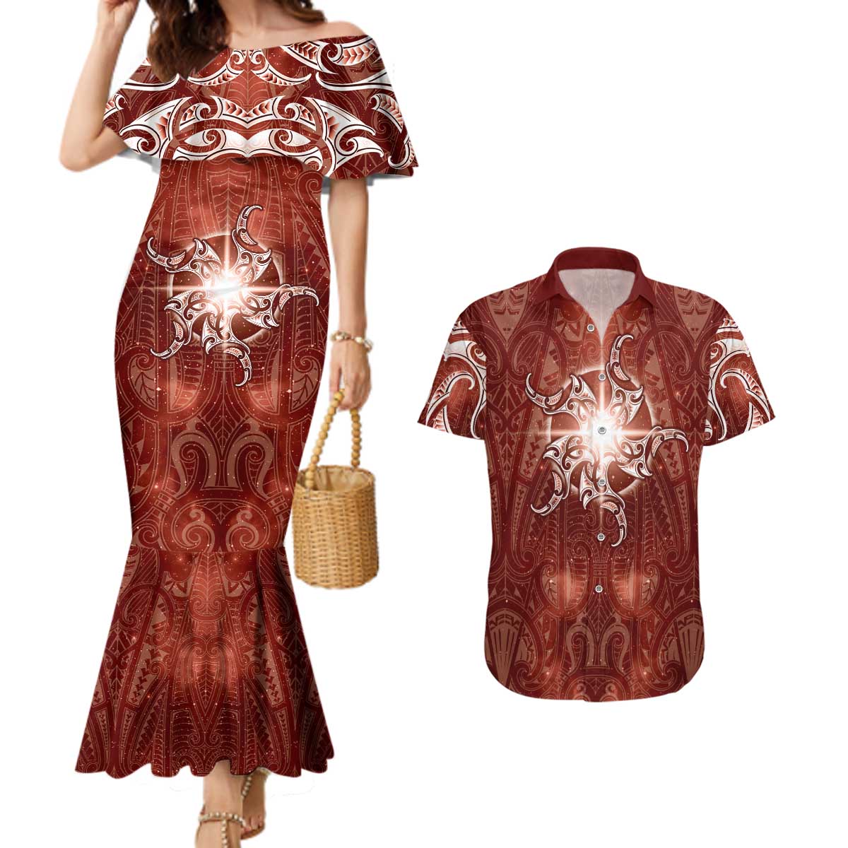 New Zealand Matariki Pohutukawa Couples Matching Mermaid Dress and Hawaiian Shirt Maori Moko Red Galaxy