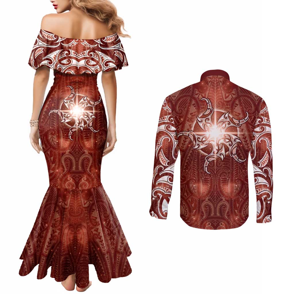 New Zealand Matariki Pohutukawa Couples Matching Mermaid Dress and Long Sleeve Button Shirt Maori Moko Red Galaxy