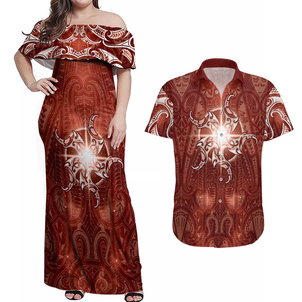 New Zealand Matariki Pohutukawa Couples Matching Off Shoulder Maxi Dress and Hawaiian Shirt Maori Moko Red Galaxy