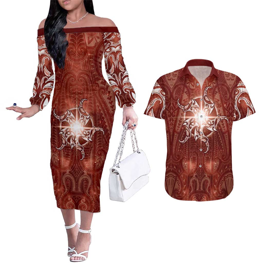 New Zealand Matariki Pohutukawa Couples Matching Off The Shoulder Long Sleeve Dress and Hawaiian Shirt Maori Moko Red Galaxy