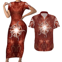 New Zealand Matariki Pohutukawa Couples Matching Short Sleeve Bodycon Dress and Hawaiian Shirt Maori Moko Red Galaxy