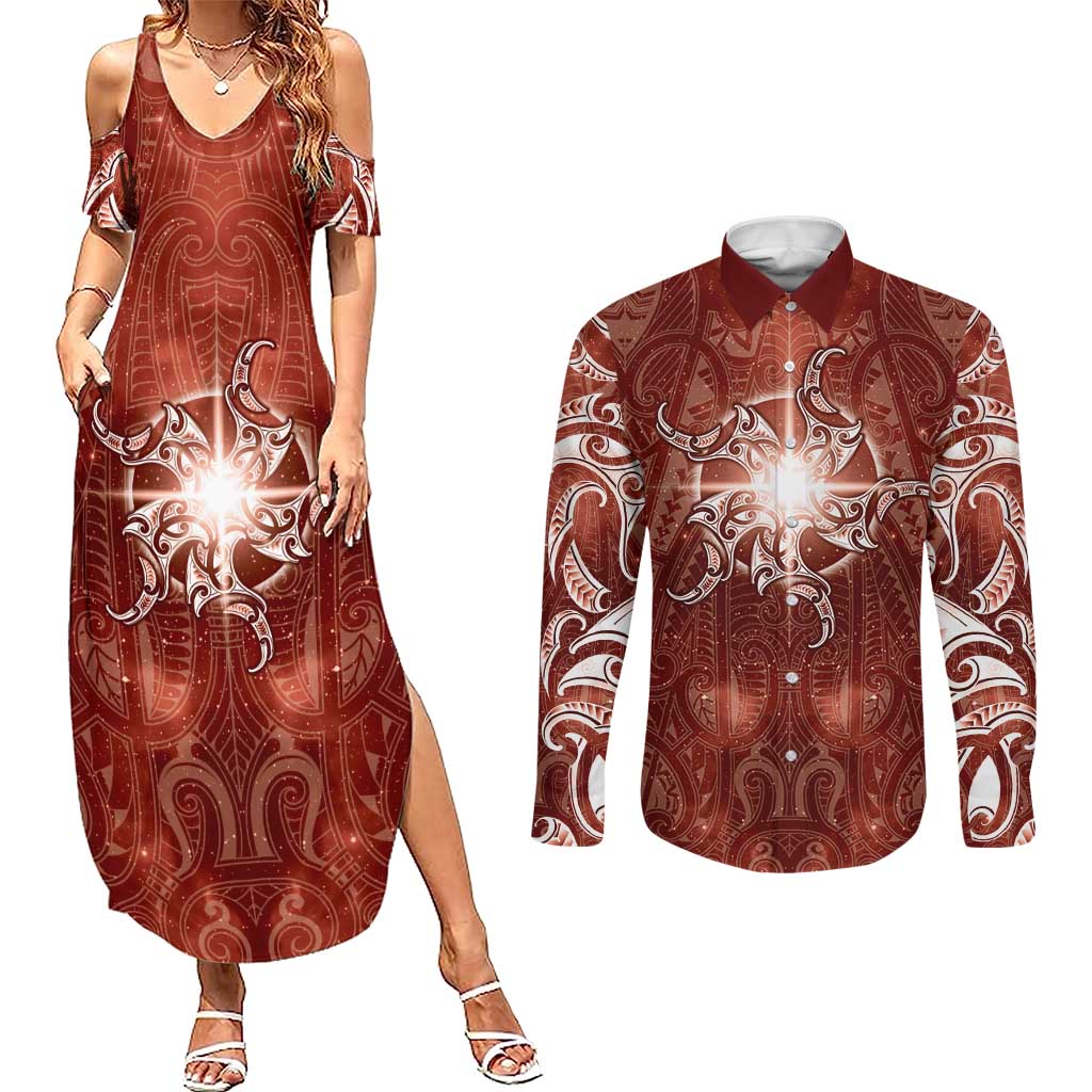 New Zealand Matariki Pohutukawa Couples Matching Summer Maxi Dress and Long Sleeve Button Shirt Maori Moko Red Galaxy