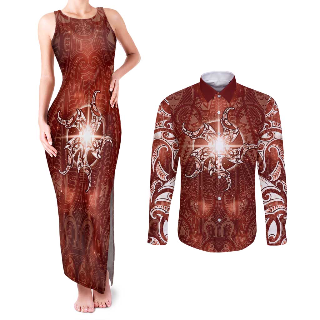 New Zealand Matariki Pohutukawa Couples Matching Tank Maxi Dress and Long Sleeve Button Shirt Maori Moko Red Galaxy
