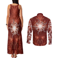 New Zealand Matariki Pohutukawa Couples Matching Tank Maxi Dress and Long Sleeve Button Shirt Maori Moko Red Galaxy