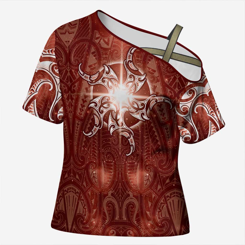 New Zealand Matariki Pohutukawa Cross Shoulder Shirt Maori Moko Red Galaxy