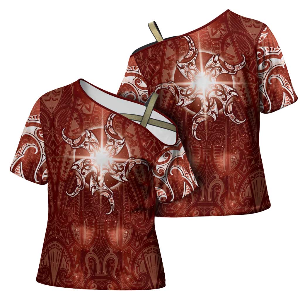 New Zealand Matariki Pohutukawa Cross Shoulder Shirt Maori Moko Red Galaxy