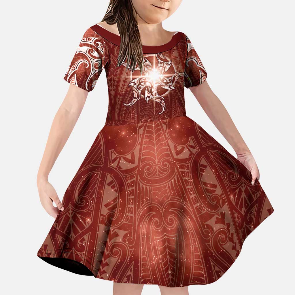 New Zealand Matariki Pohutukawa Family Matching Long Sleeve Bodycon Dress and Hawaiian Shirt Maori Moko Red Galaxy