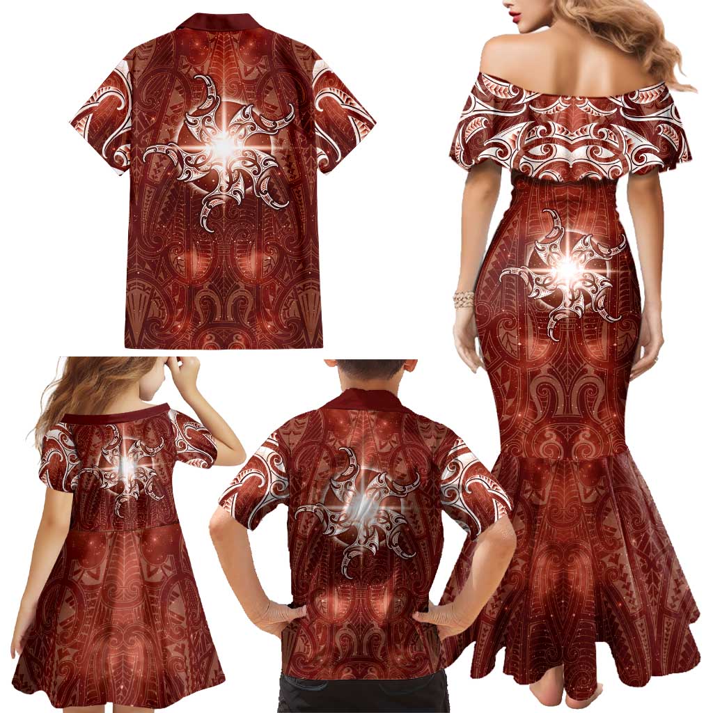 New Zealand Matariki Pohutukawa Family Matching Mermaid Dress and Hawaiian Shirt Maori Moko Red Galaxy