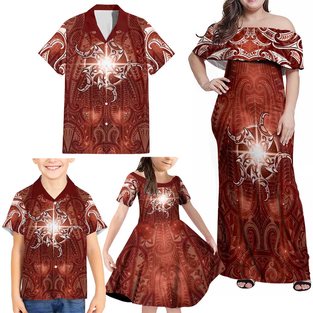 New Zealand Matariki Pohutukawa Family Matching Off Shoulder Maxi Dress and Hawaiian Shirt Maori Moko Red Galaxy