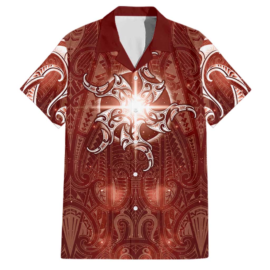 New Zealand Matariki Pohutukawa Family Matching Off Shoulder Maxi Dress and Hawaiian Shirt Maori Moko Red Galaxy
