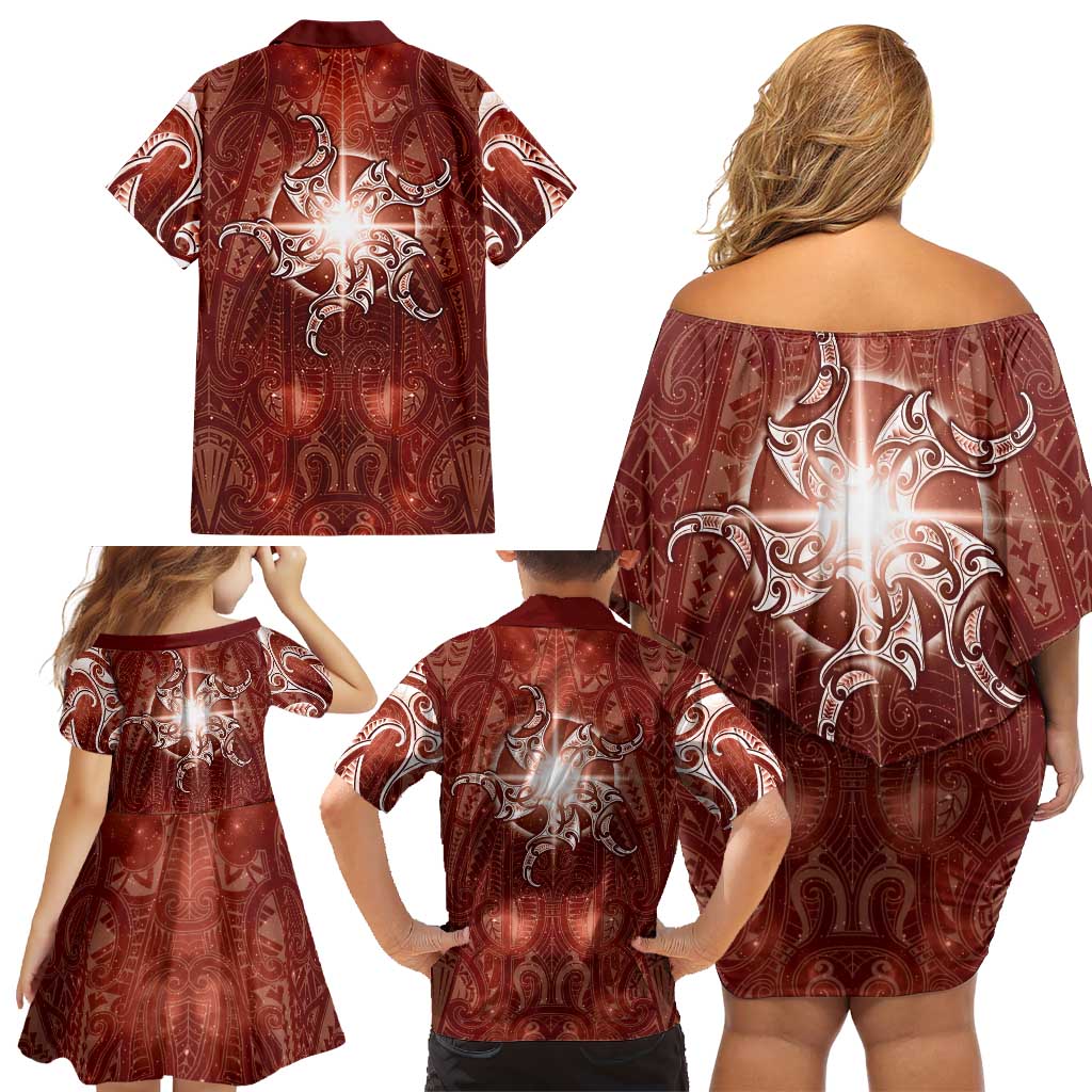 New Zealand Matariki Pohutukawa Family Matching Off Shoulder Short Dress and Hawaiian Shirt Maori Moko Red Galaxy