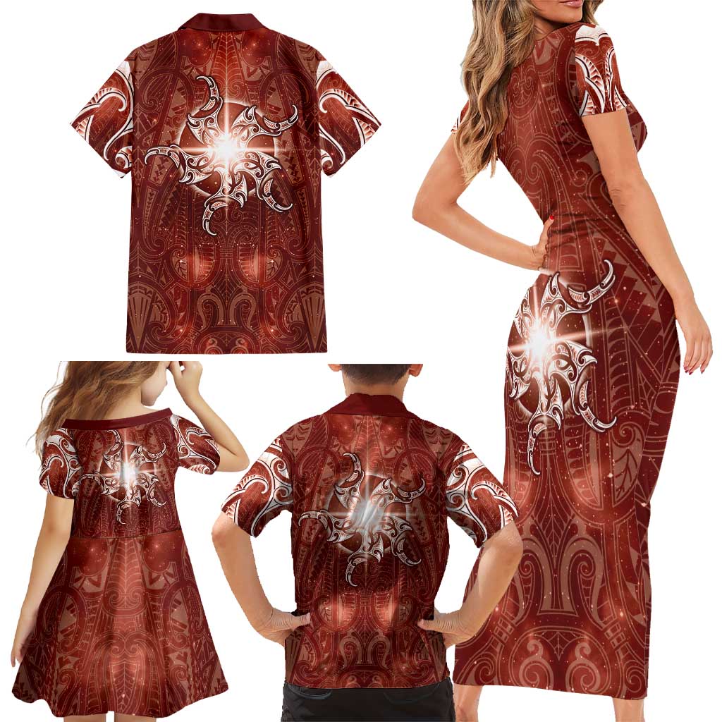 New Zealand Matariki Pohutukawa Family Matching Short Sleeve Bodycon Dress and Hawaiian Shirt Maori Moko Red Galaxy