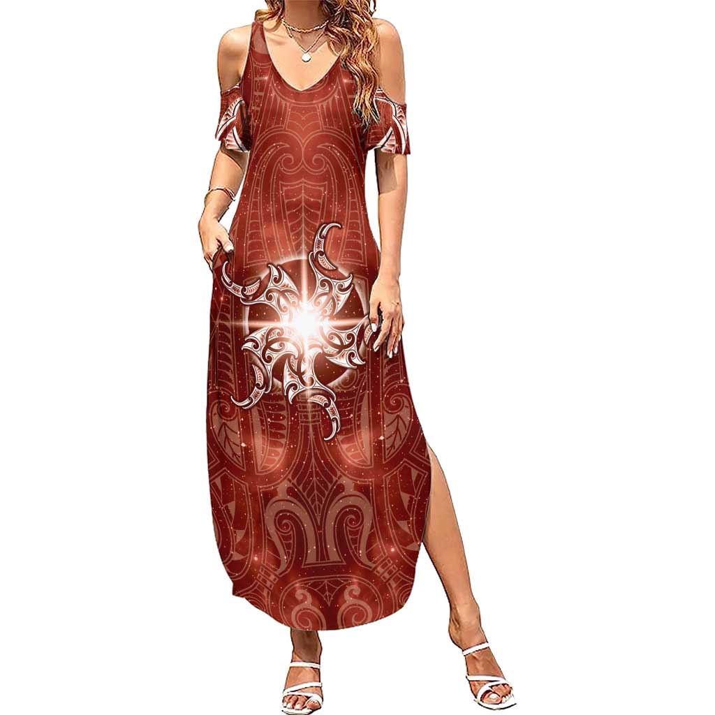 New Zealand Matariki Pohutukawa Family Matching Summer Maxi Dress and Hawaiian Shirt Maori Moko Red Galaxy