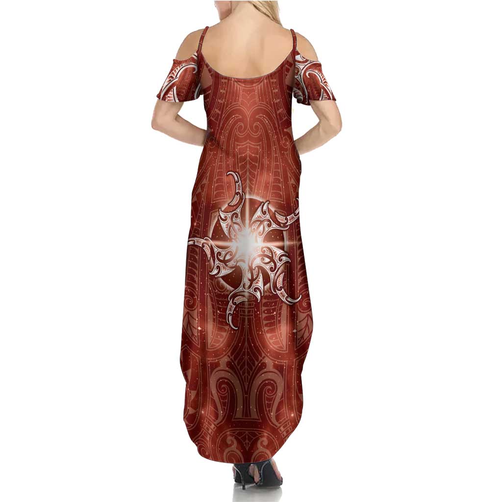New Zealand Matariki Pohutukawa Family Matching Summer Maxi Dress and Hawaiian Shirt Maori Moko Red Galaxy