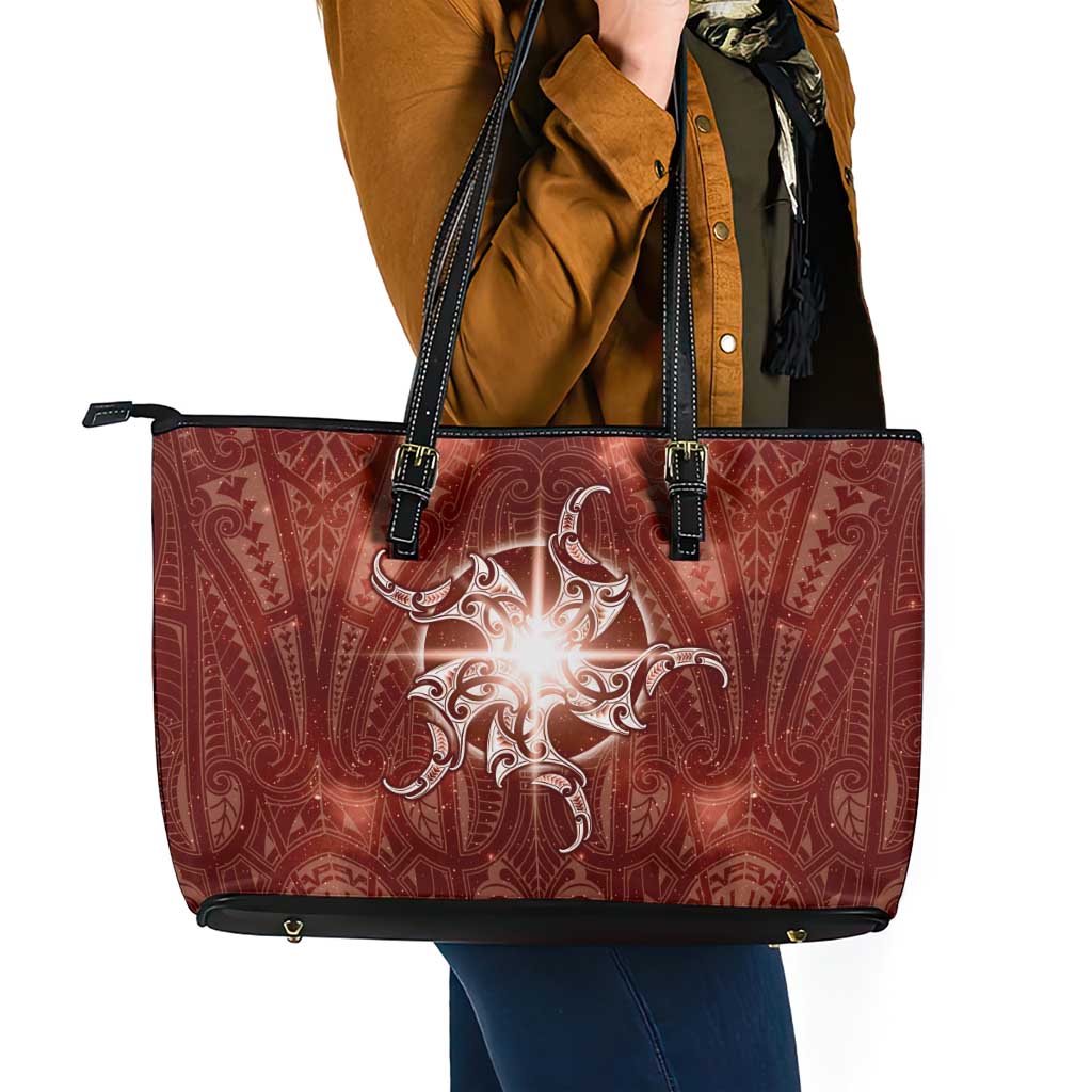 New Zealand Matariki Pohutukawa Leather Tote Bag Maori Moko Red Galaxy LT05 - Polynesian Pride