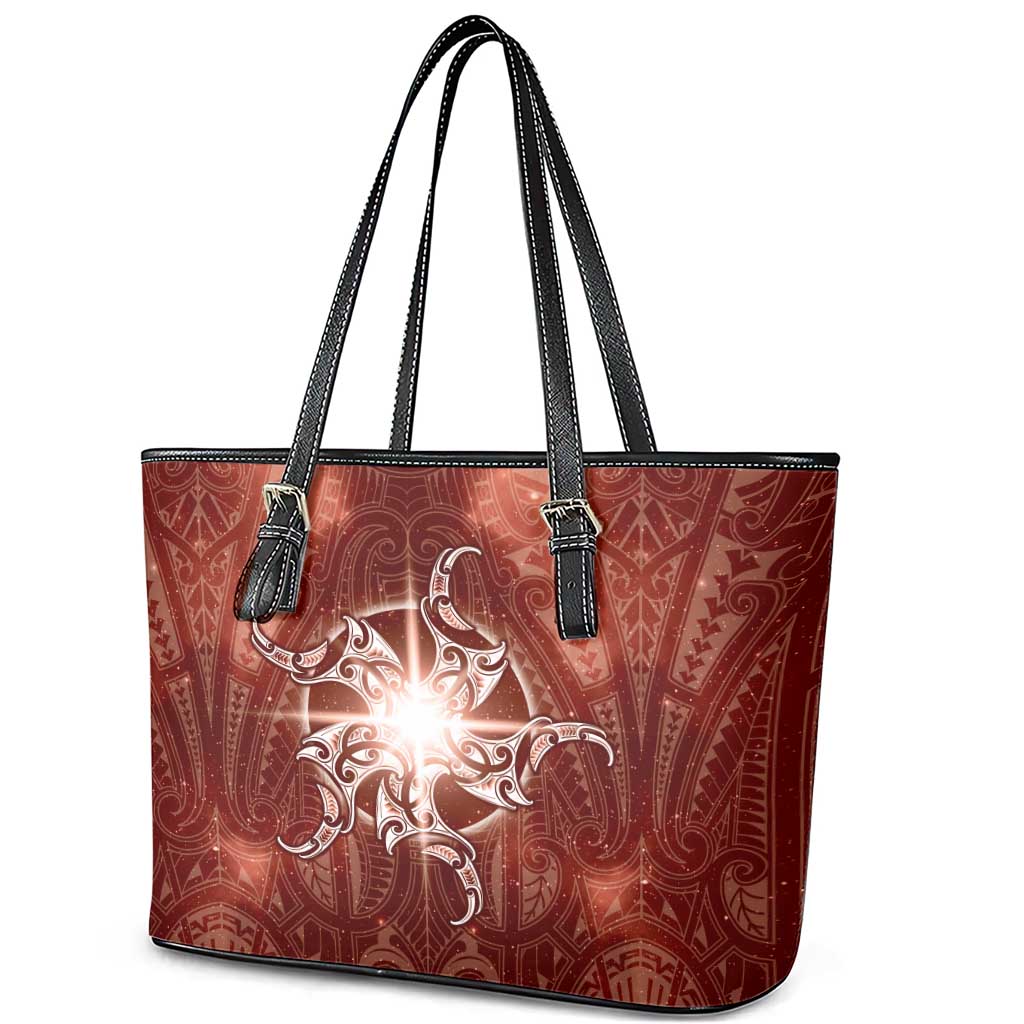 New Zealand Matariki Pohutukawa Leather Tote Bag Maori Moko Red Galaxy LT05 - Polynesian Pride
