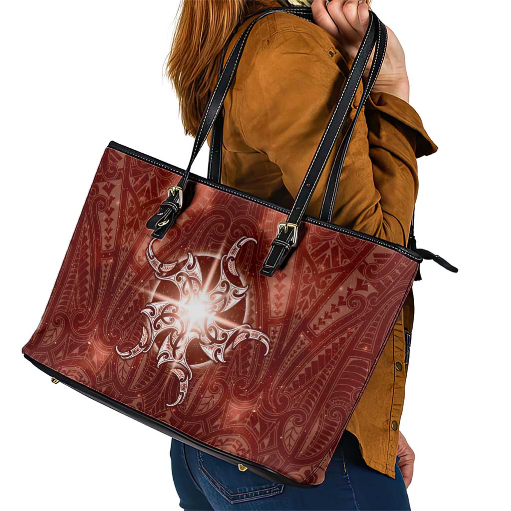 New Zealand Matariki Pohutukawa Leather Tote Bag Maori Moko Red Galaxy LT05 - Polynesian Pride