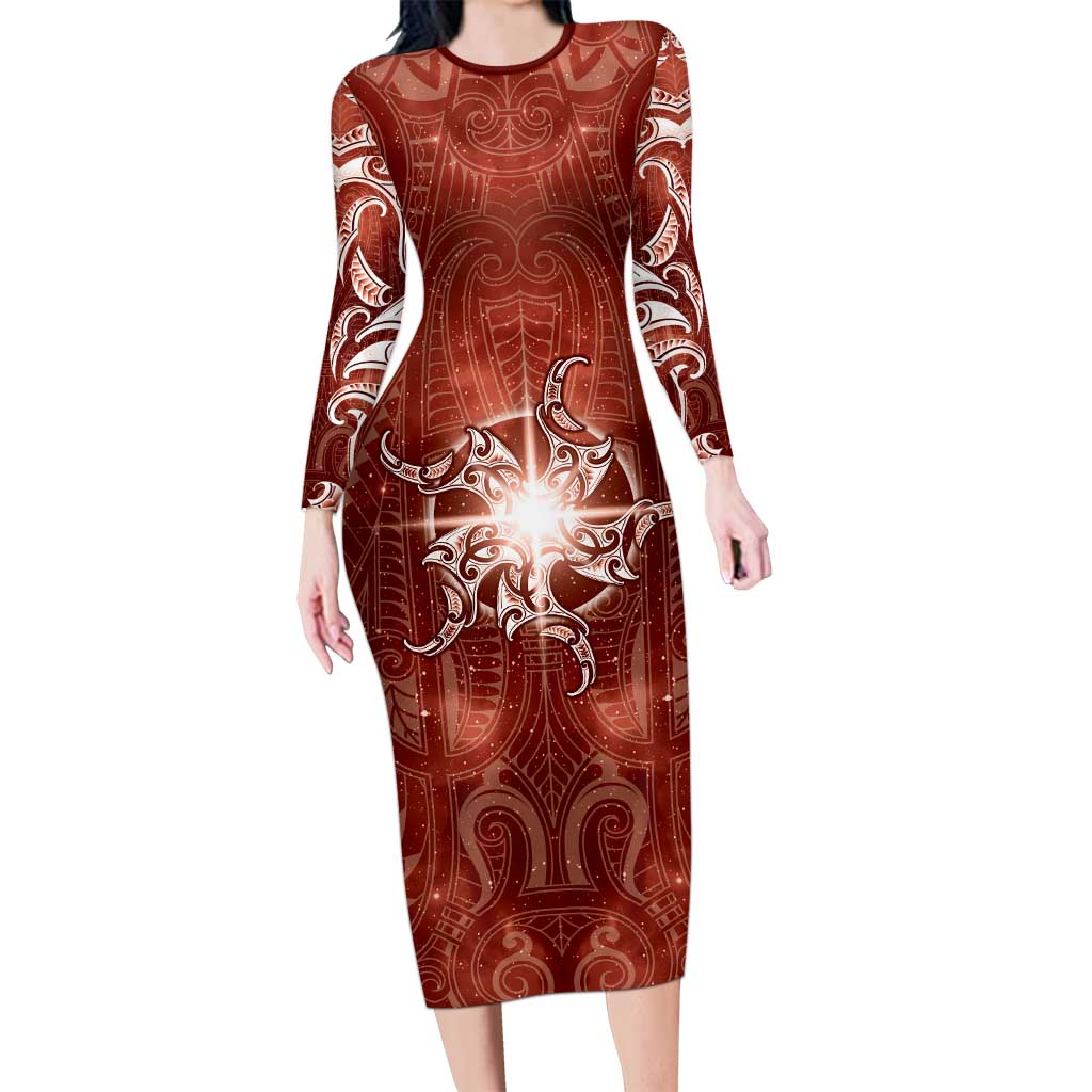 New Zealand Matariki Pohutukawa Long Sleeve Bodycon Dress Maori Moko Red Galaxy