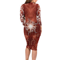 New Zealand Matariki Pohutukawa Long Sleeve Bodycon Dress Maori Moko Red Galaxy