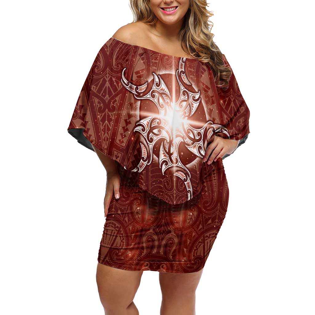 New Zealand Matariki Pohutukawa Off Shoulder Short Dress Maori Moko Red Galaxy