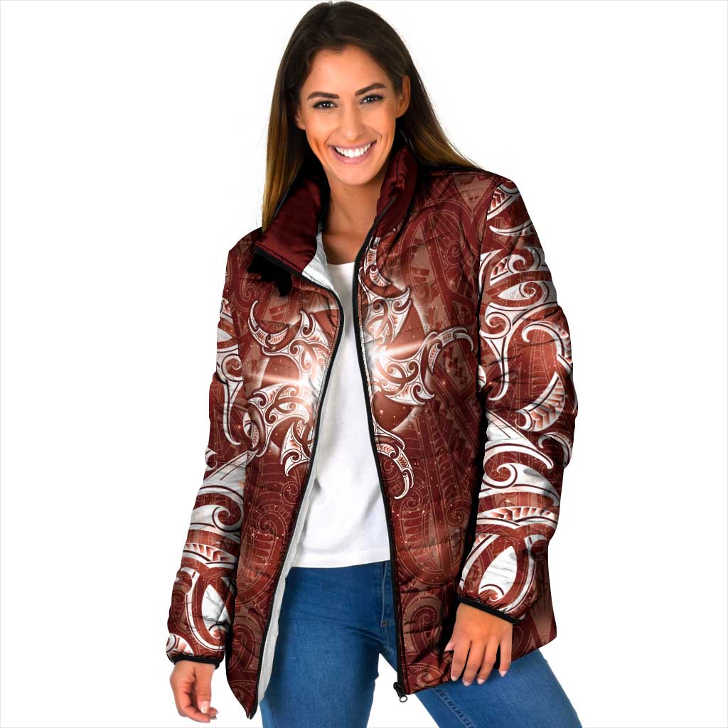 New Zealand Matariki Pohutukawa Padded Jacket Maori Moko Red Galaxy
