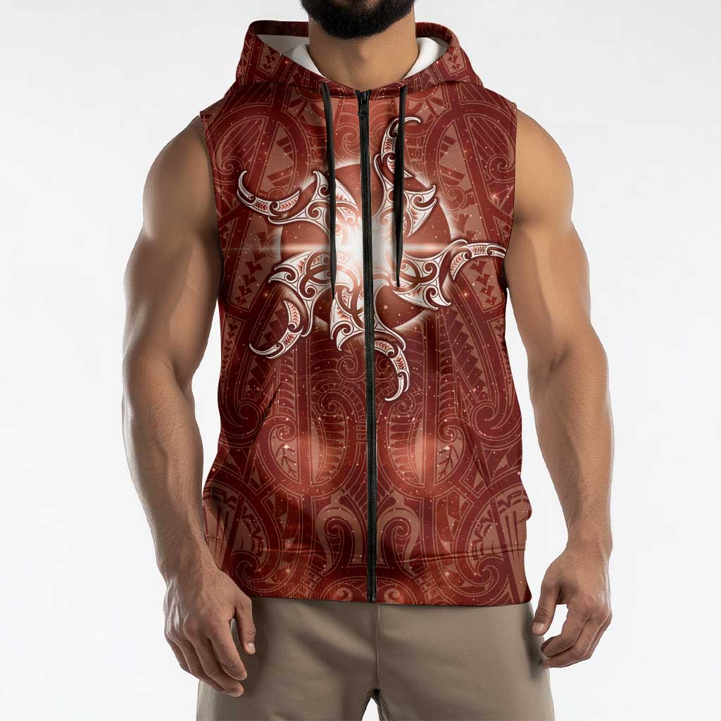 New Zealand Matariki Pohutukawa Sleeveless Zip Hoodie Maori Moko Red Galaxy
