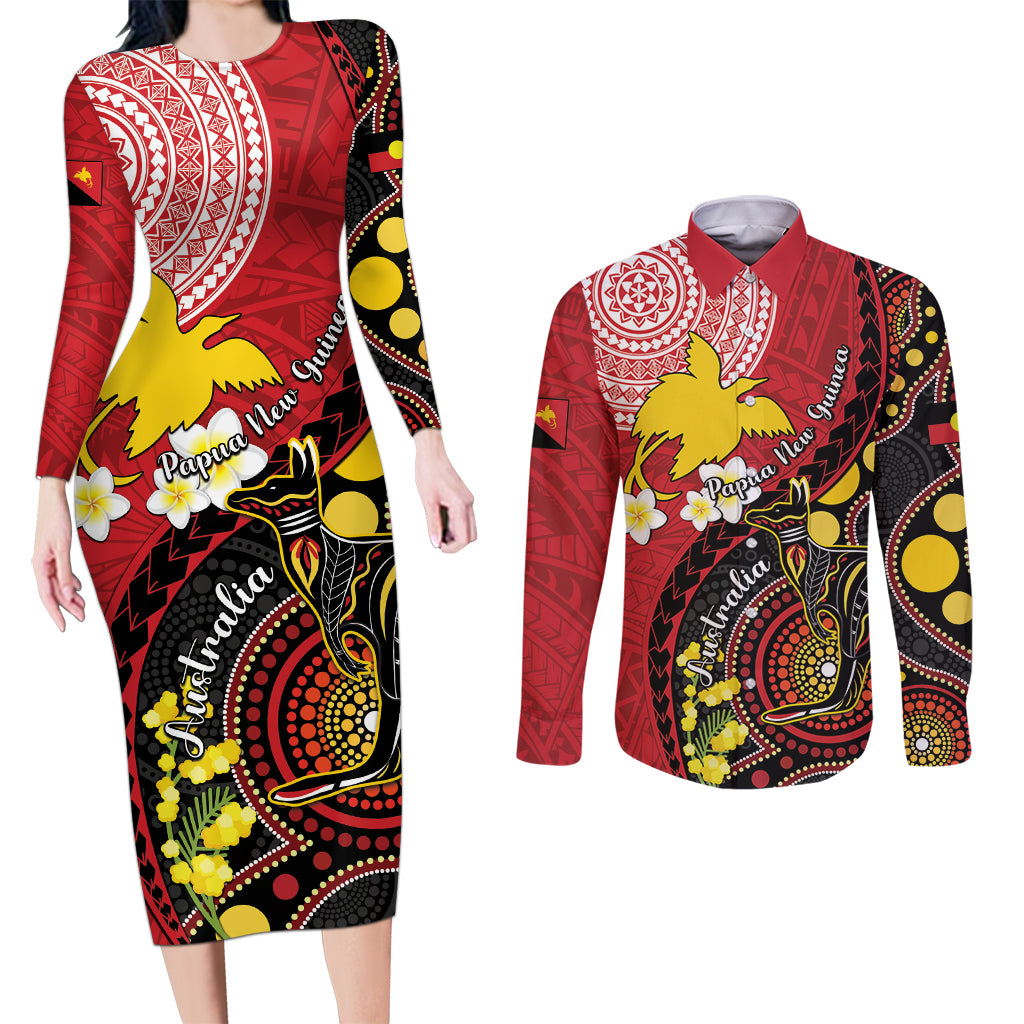Papua New Guinea And Australia Aboriginal Couples Matching Long Sleeve Bodycon Dress and Long Sleeve Button Shirt Bird Of Paradise And Kangaroo Together