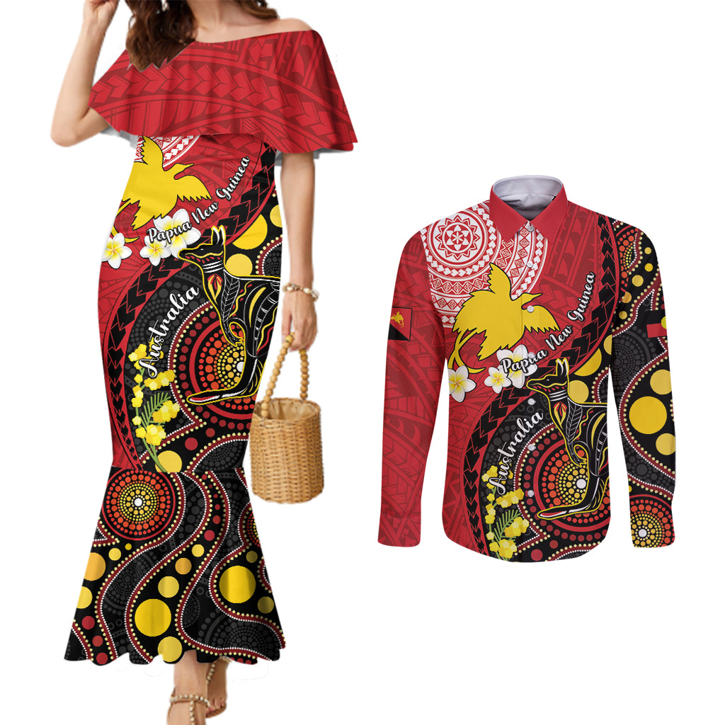 Papua New Guinea And Australia Aboriginal Couples Matching Mermaid Dress and Long Sleeve Button Shirt Bird Of Paradise And Kangaroo Together