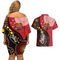 Papua New Guinea And Australia Aboriginal Couples Matching Off Shoulder Short Dress and Hawaiian Shirt Bird Of Paradise And Kangaroo Together