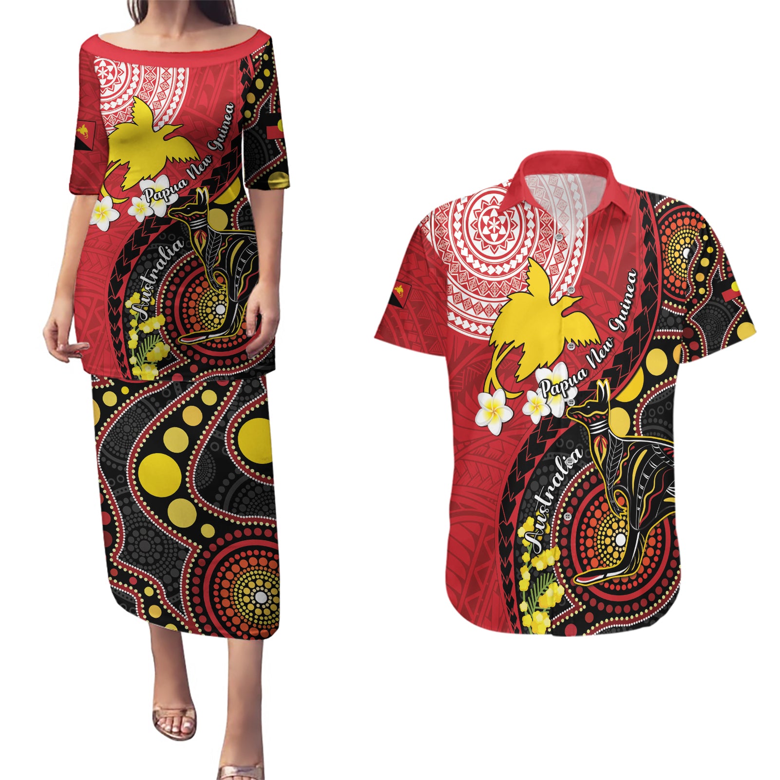 Papua New Guinea And Australia Aboriginal Couples Matching Puletasi and Hawaiian Shirt Bird Of Paradise And Kangaroo Together