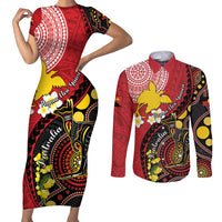 Papua New Guinea And Australia Aboriginal Couples Matching Short Sleeve Bodycon Dress and Long Sleeve Button Shirt Bird Of Paradise And Kangaroo Together