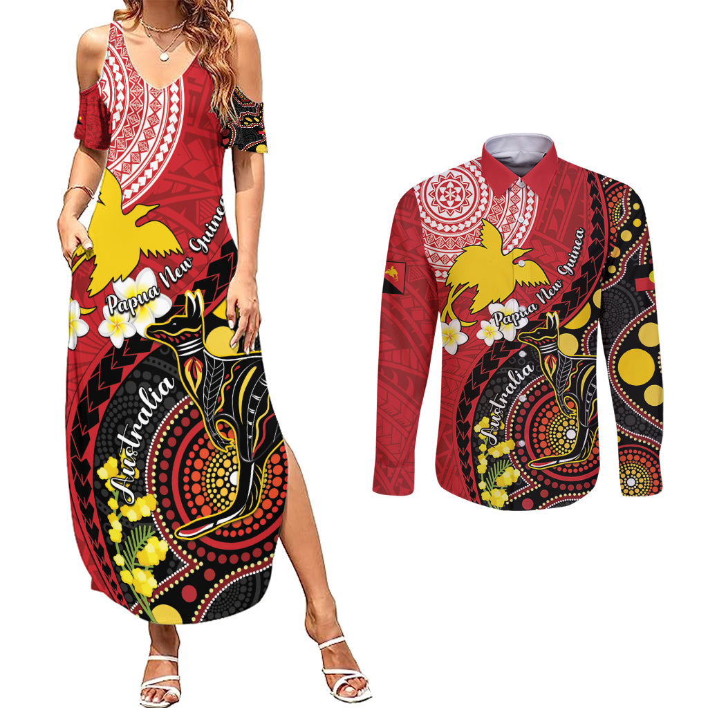 Papua New Guinea And Australia Aboriginal Couples Matching Summer Maxi Dress and Long Sleeve Button Shirt Bird Of Paradise And Kangaroo Together