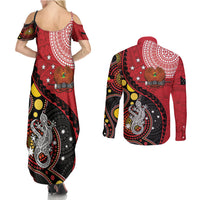 Papua New Guinea And Australia Aboriginal Couples Matching Summer Maxi Dress and Long Sleeve Button Shirt Bird Of Paradise And Kangaroo Together